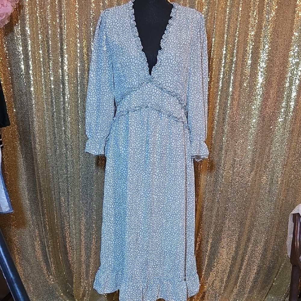 Green Floral Print Long Sleeve Summer Boho Dress